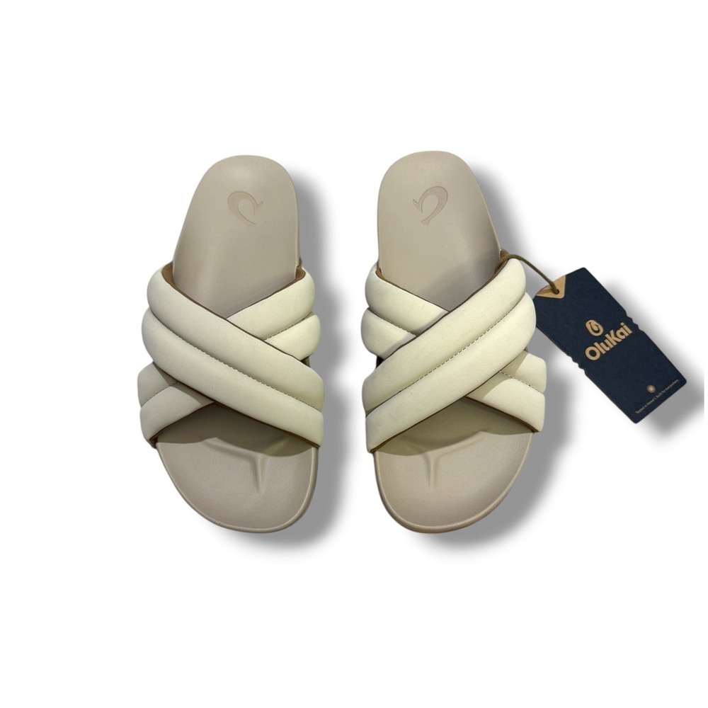 OluKai Hila Slide Sandals Womens 7 Cloudy Cream Puffy Crisscross 20490-YDYD NWT